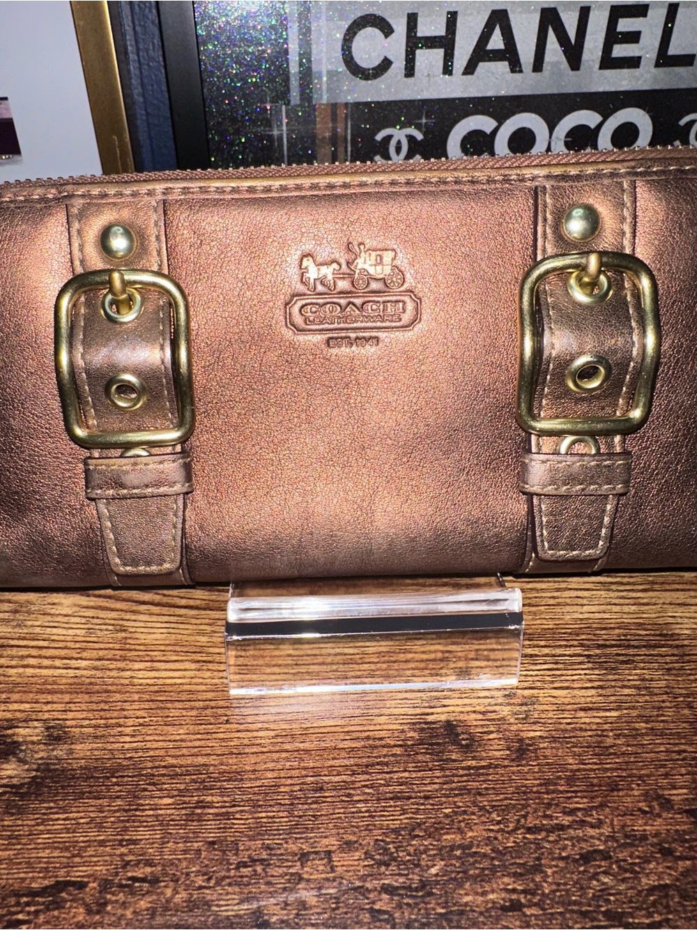 COACH Zoe Vintage Metallic Legacy Bronze Leather Zip Wallet with Buckle Detail - Picture 5 of 12